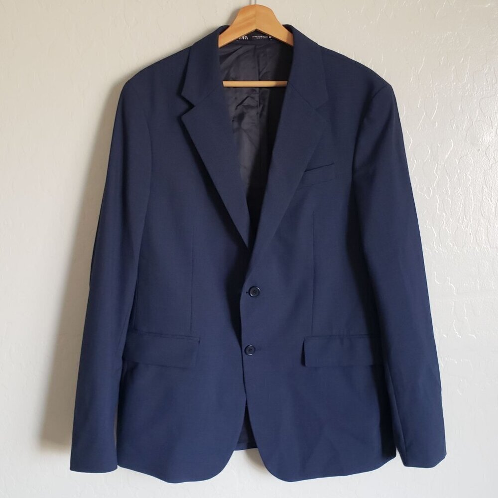 Zara Houndstooth Blazer Suit Jacket Coat Navy Blue Sz Men's 40 Regular Fit Lined